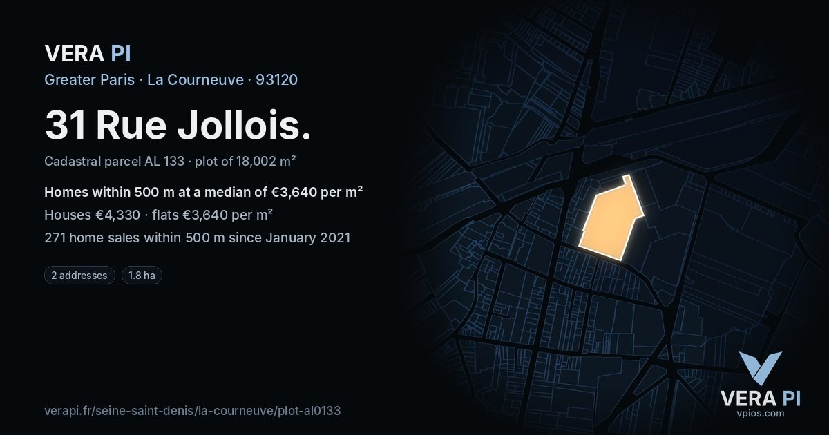 31 Rue Jollois, La Courneuve at night – the plot lit, the parcels around coloured by the prices near them