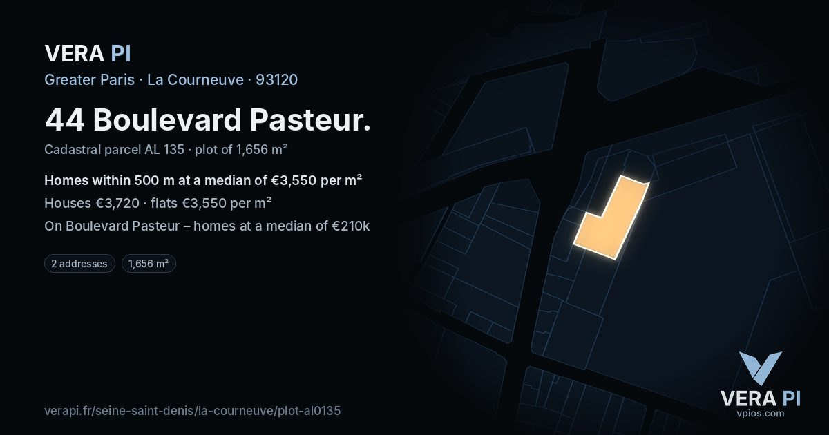 44 Boulevard Pasteur, La Courneuve at night – the plot lit, the parcels around coloured by the prices near them