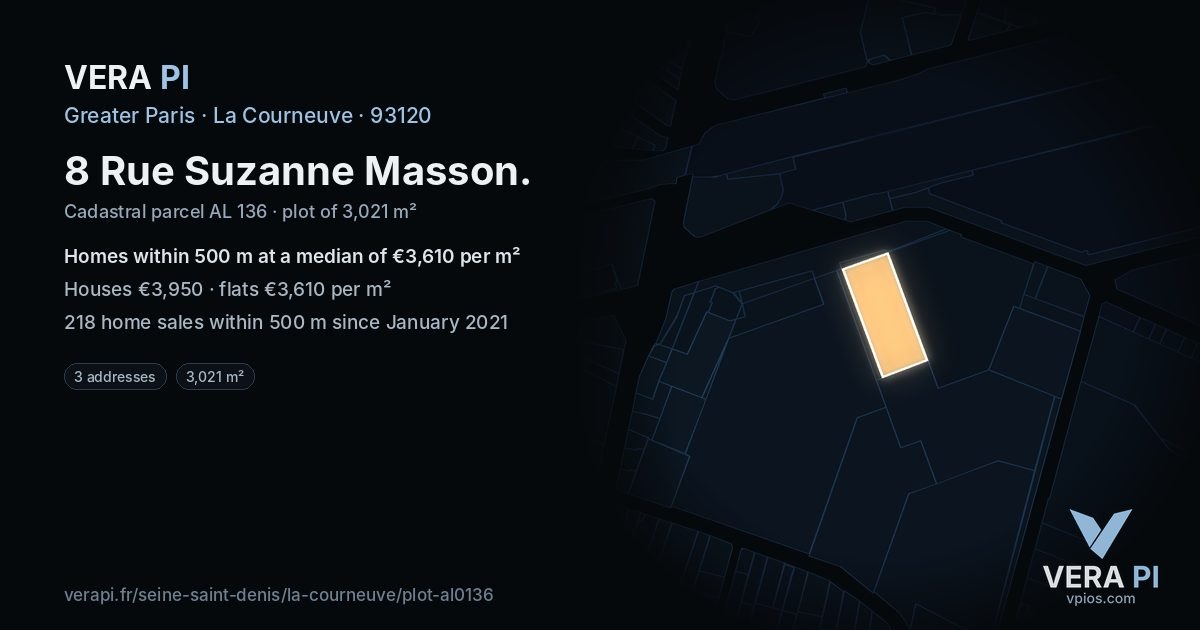 8 Rue Suzanne Masson, La Courneuve at night – the plot lit, the parcels around coloured by the prices near them