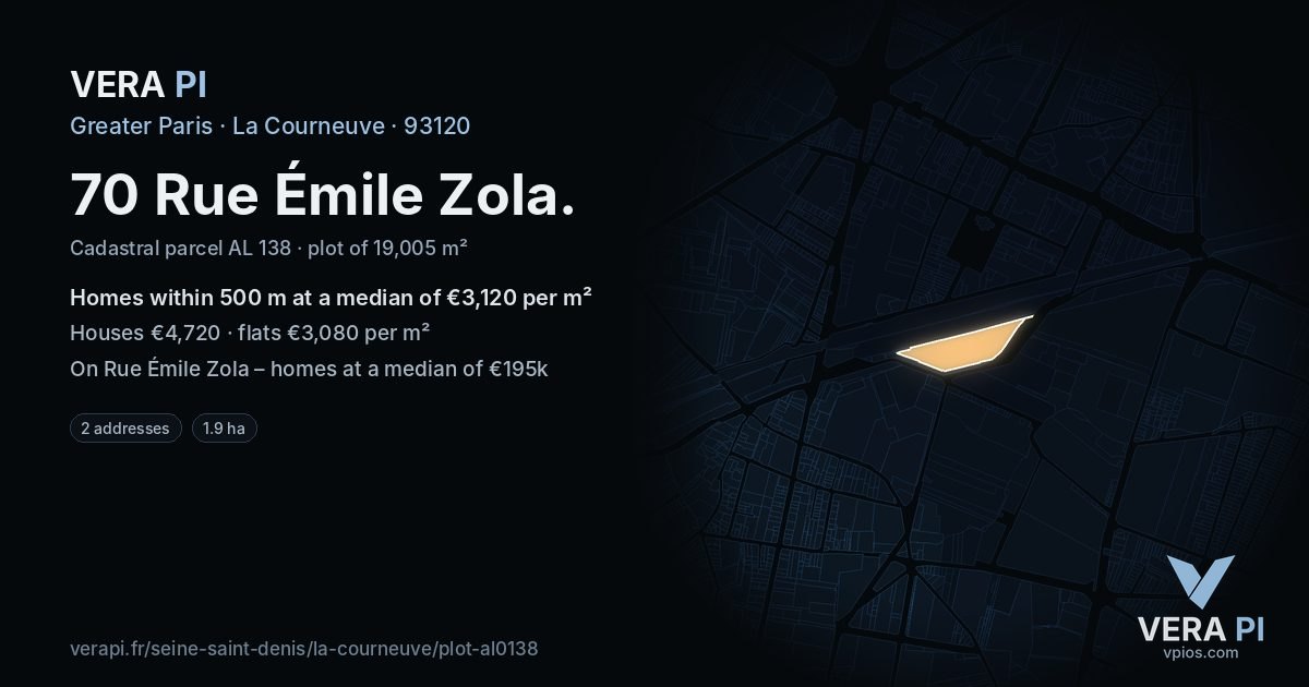 70 Rue Émile Zola, La Courneuve at night – the plot lit, the parcels around coloured by the prices near them