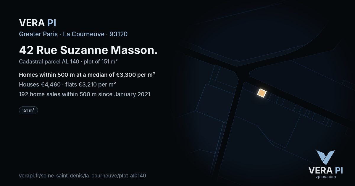 42 Rue Suzanne Masson, La Courneuve at night – the plot lit, the parcels around coloured by the prices near them