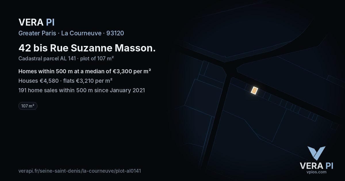 42 bis Rue Suzanne Masson, La Courneuve at night – the plot lit, the parcels around coloured by the prices near them