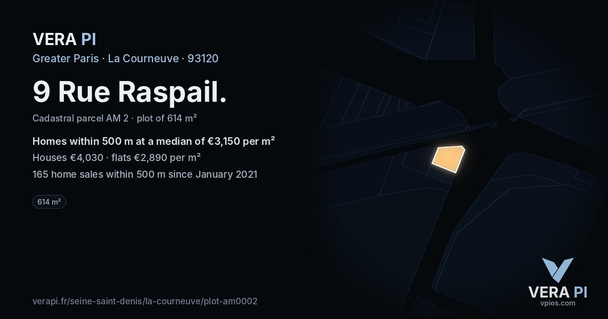 9 Rue Raspail, La Courneuve at night – the plot lit, the parcels around coloured by the prices near them