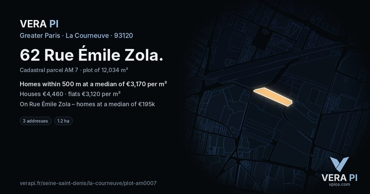 62 Rue Émile Zola, La Courneuve at night – the plot lit, the parcels around coloured by the prices near them