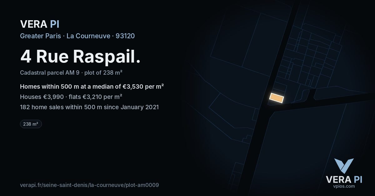 4 Rue Raspail, La Courneuve at night – the plot lit, the parcels around coloured by the prices near them