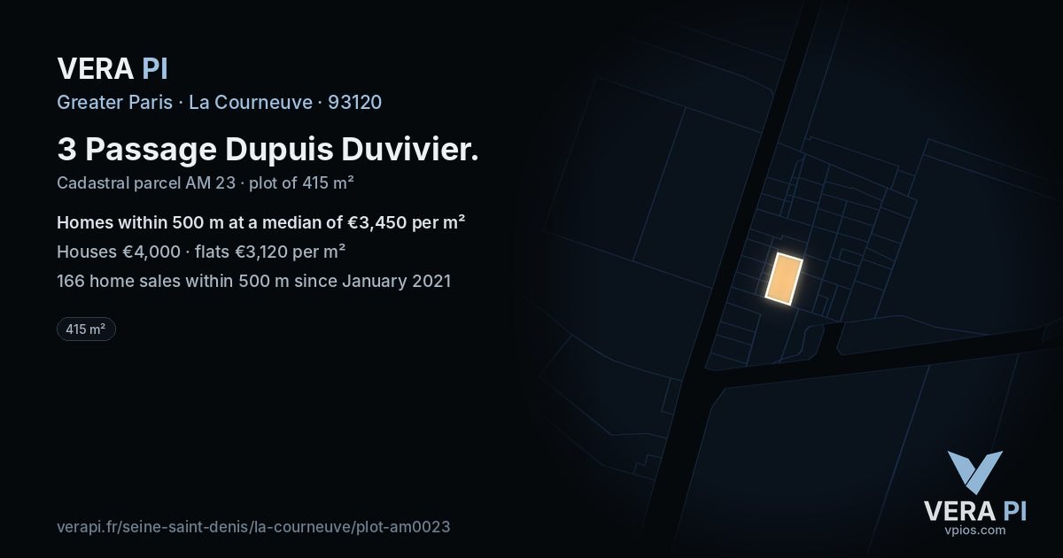 3 Passage Dupuis Duvivier, La Courneuve at night – the plot lit, the parcels around coloured by the prices near them