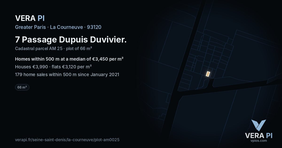 7 Passage Dupuis Duvivier, La Courneuve at night – the plot lit, the parcels around coloured by the prices near them