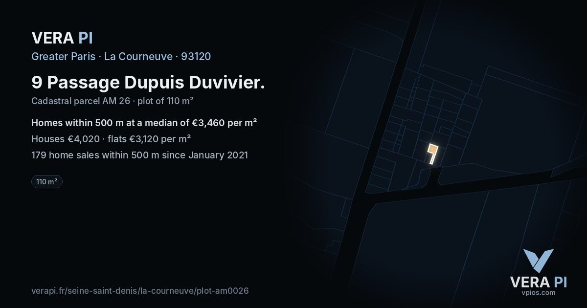 9 Passage Dupuis Duvivier, La Courneuve at night – the plot lit, the parcels around coloured by the prices near them