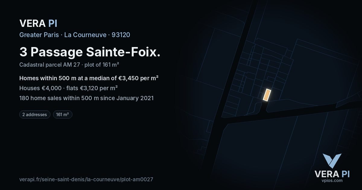 3 Passage Sainte-Foix, La Courneuve at night – the plot lit, the parcels around coloured by the prices near them