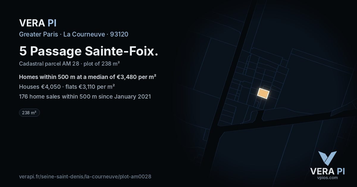 5 Passage Sainte-Foix, La Courneuve at night – the plot lit, the parcels around coloured by the prices near them