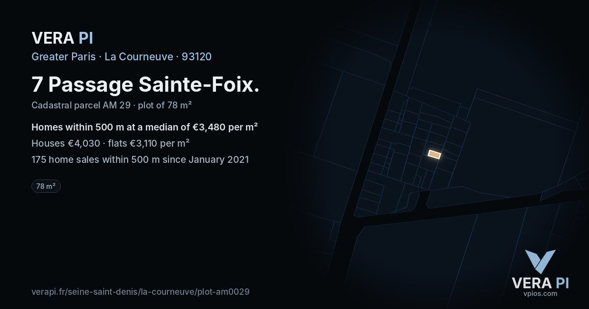7 Passage Sainte-Foix, La Courneuve at night – the plot lit, the parcels around coloured by the prices near them
