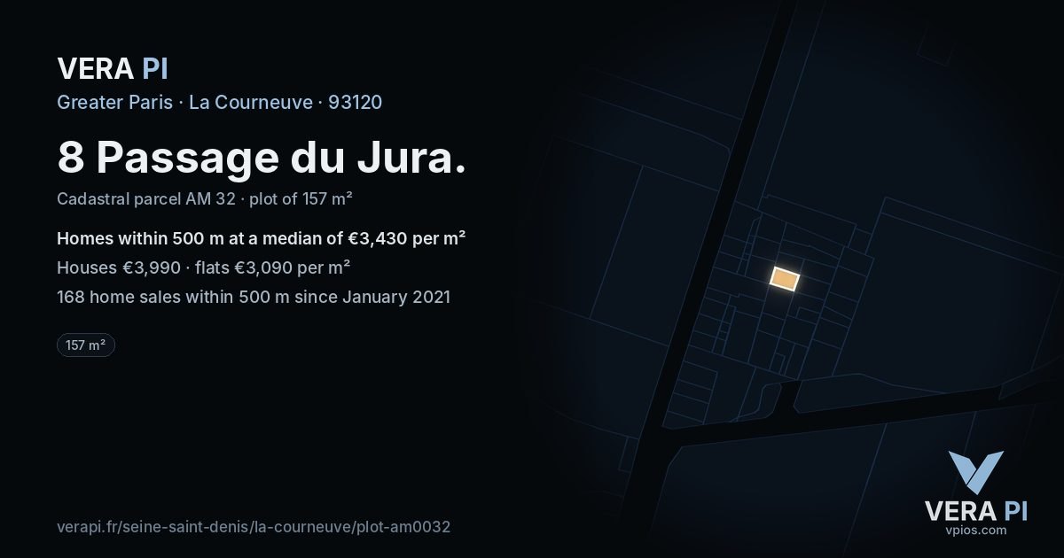 8 Passage du Jura, La Courneuve at night – the plot lit, the parcels around coloured by the prices near them