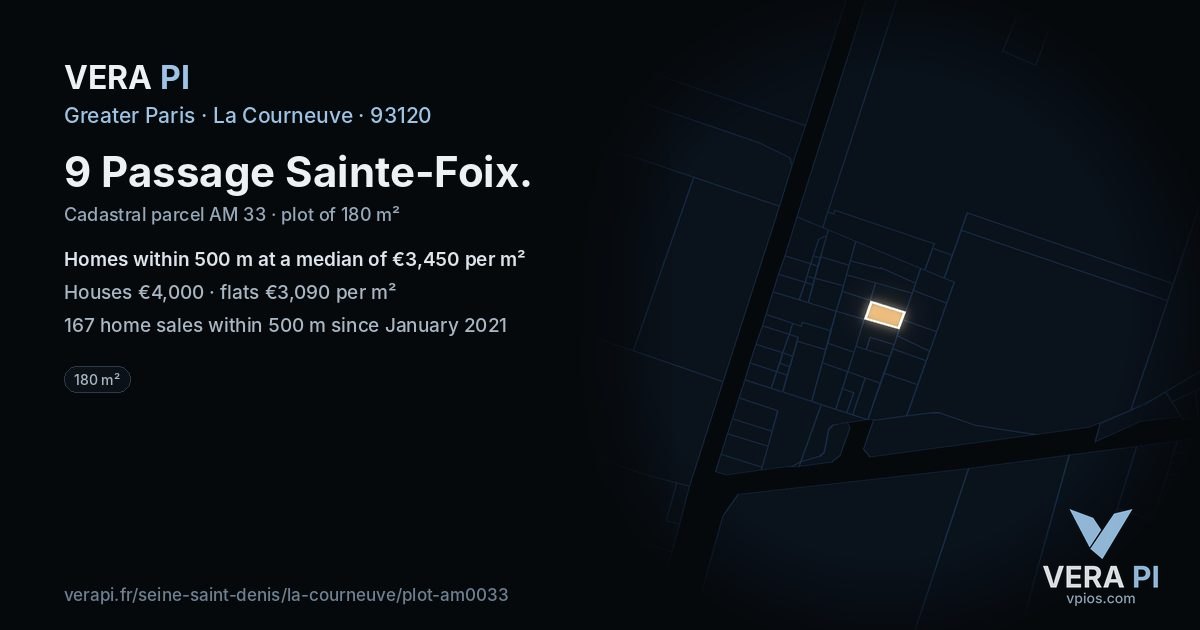 9 Passage Sainte-Foix, La Courneuve at night – the plot lit, the parcels around coloured by the prices near them