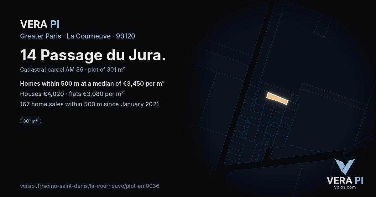 14 Passage du Jura, La Courneuve at night – the plot lit, the parcels around coloured by the prices near them