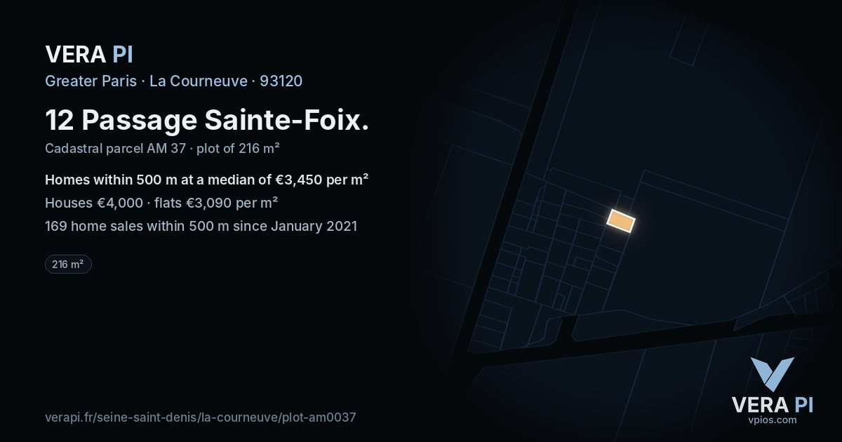 12 Passage Sainte-Foix, La Courneuve at night – the plot lit, the parcels around coloured by the prices near them