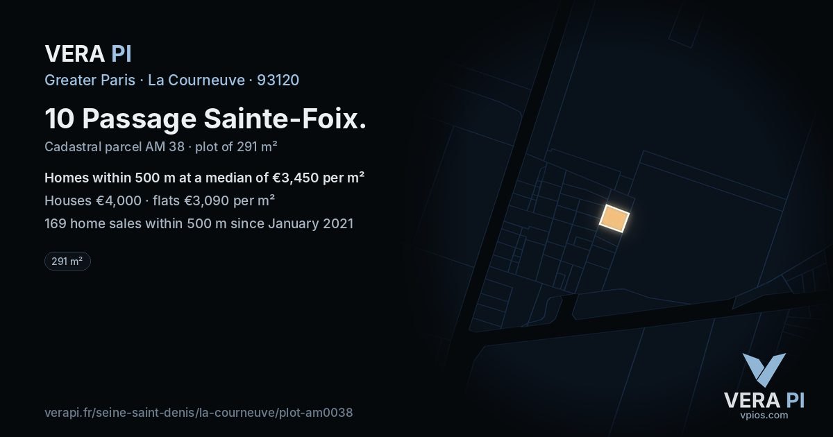 10 Passage Sainte-Foix, La Courneuve at night – the plot lit, the parcels around coloured by the prices near them