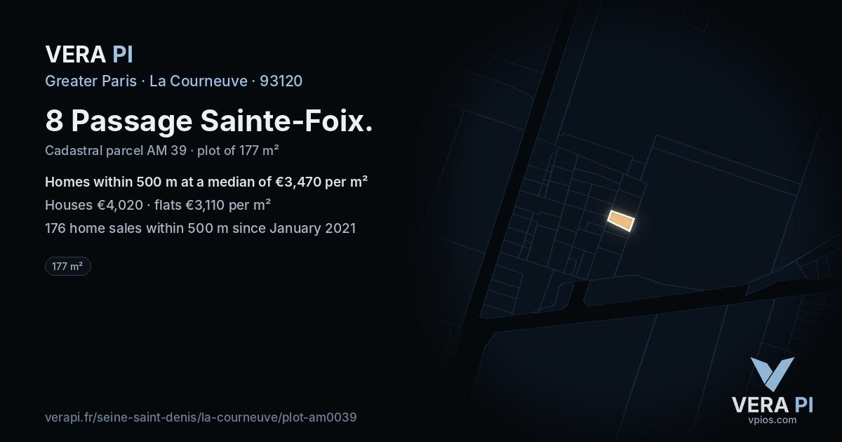 8 Passage Sainte-Foix, La Courneuve at night – the plot lit, the parcels around coloured by the prices near them