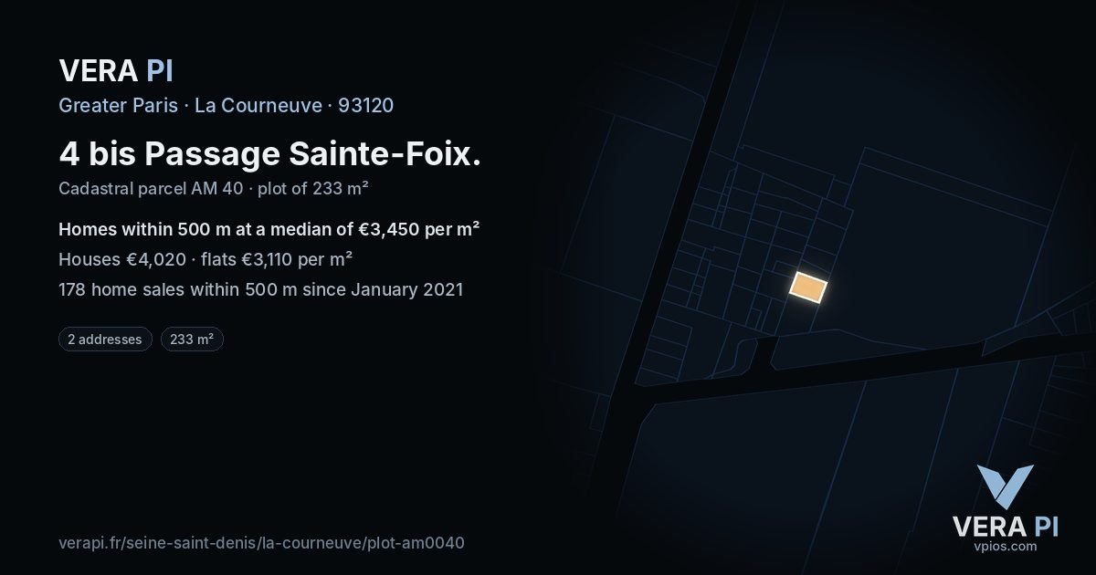 4 bis Passage Sainte-Foix, La Courneuve at night – the plot lit, the parcels around coloured by the prices near them
