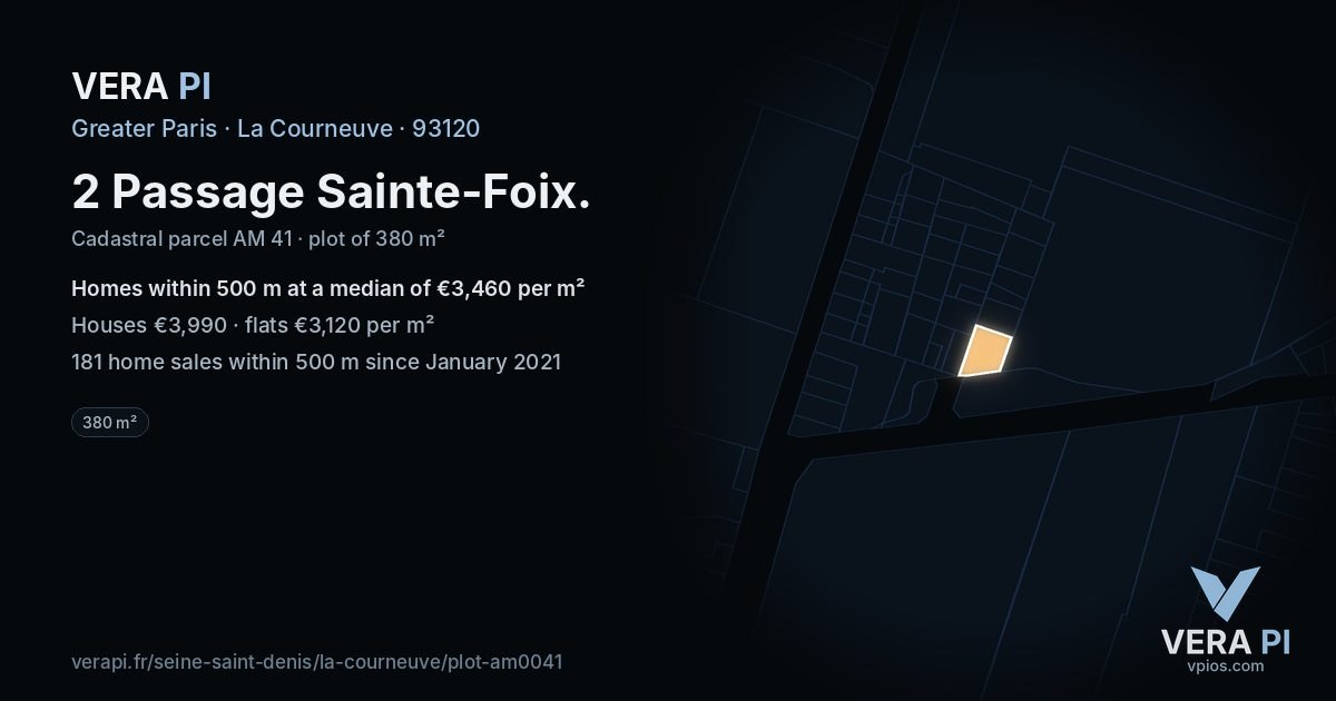 2 Passage Sainte-Foix, La Courneuve at night – the plot lit, the parcels around coloured by the prices near them