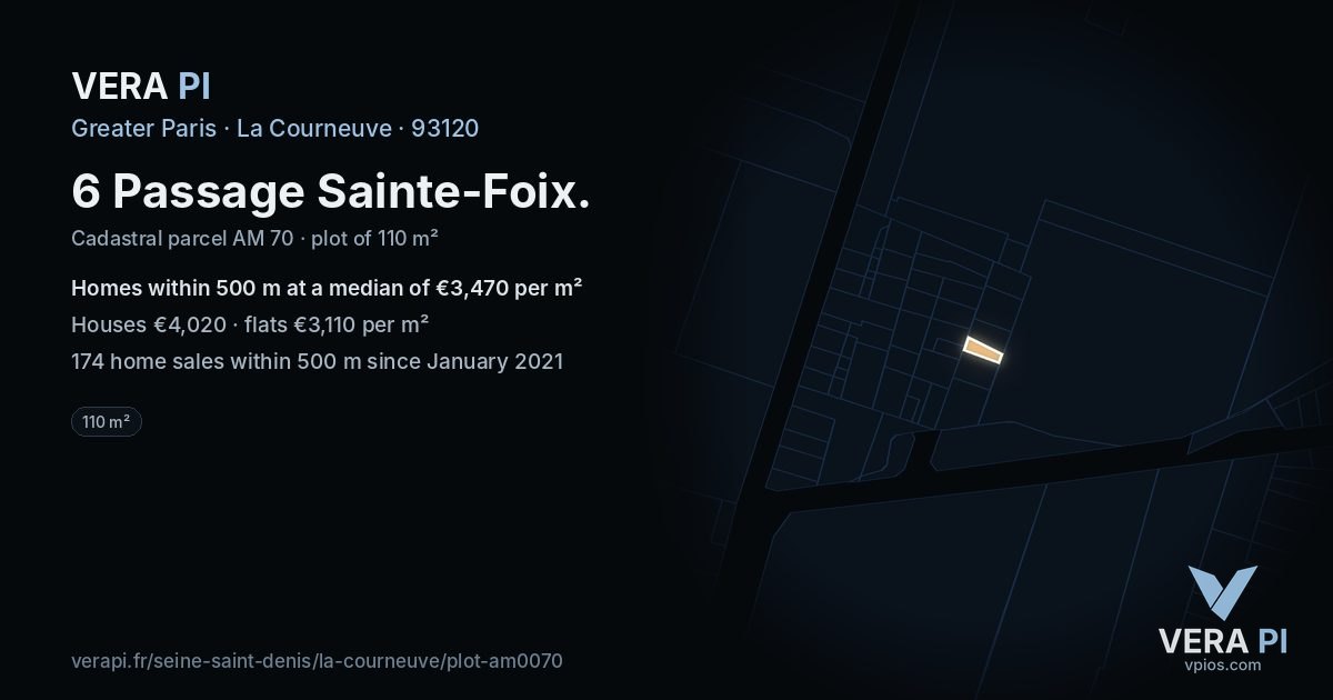 6 Passage Sainte-Foix, La Courneuve at night – the plot lit, the parcels around coloured by the prices near them