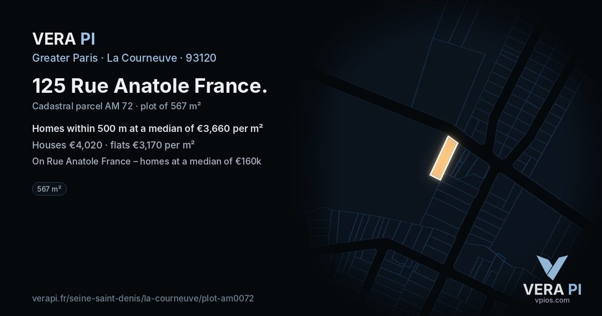 125 Rue Anatole France, La Courneuve at night – the plot lit, the parcels around coloured by the prices near them