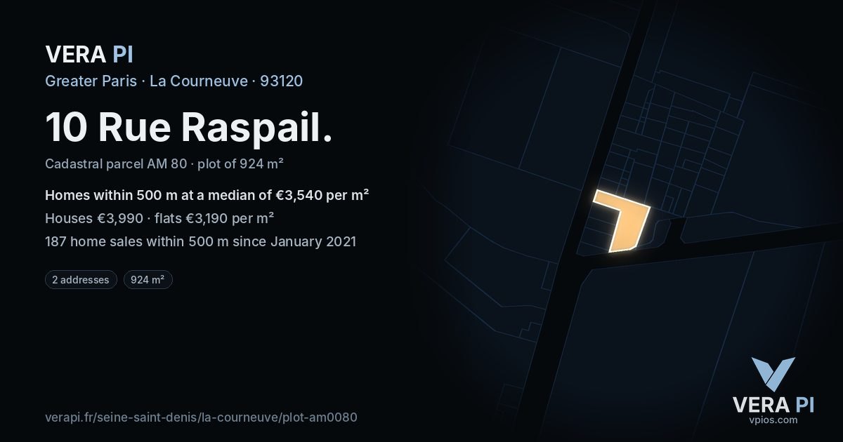 10 Rue Raspail, La Courneuve at night – the plot lit, the parcels around coloured by the prices near them