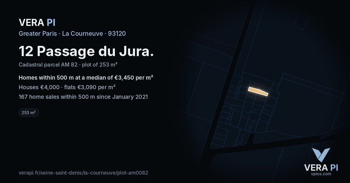 12 Passage du Jura, La Courneuve at night – the plot lit, the parcels around coloured by the prices near them