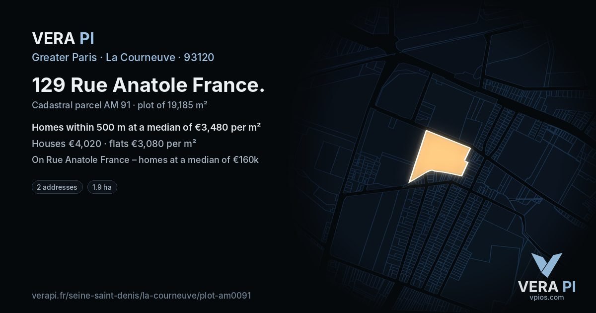 129 Rue Anatole France, La Courneuve at night – the plot lit, the parcels around coloured by the prices near them