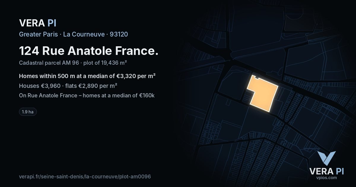124 Rue Anatole France, La Courneuve at night – the plot lit, the parcels around coloured by the prices near them