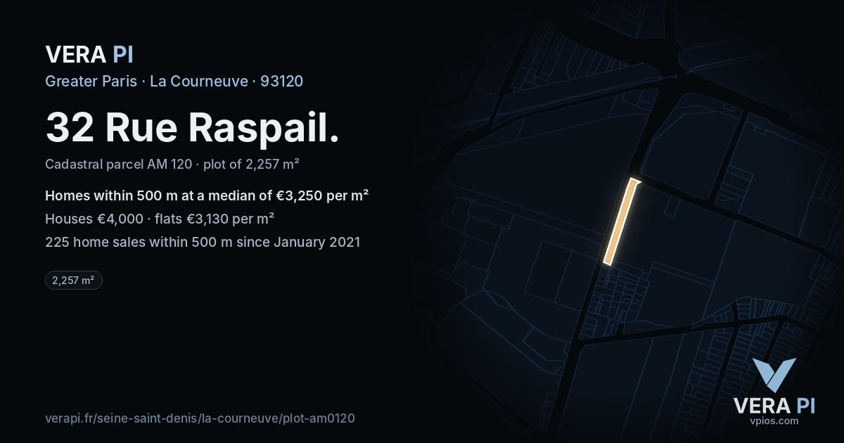 32 Rue Raspail, La Courneuve at night – the plot lit, the parcels around coloured by the prices near them