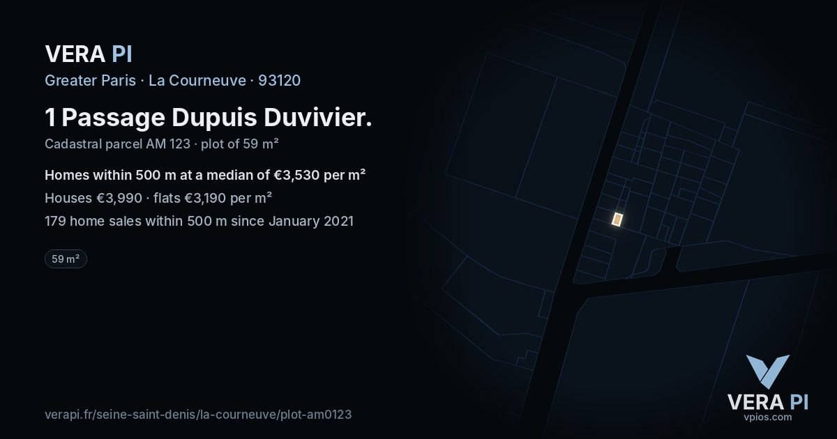 1 Passage Dupuis Duvivier, La Courneuve at night – the plot lit, the parcels around coloured by the prices near them