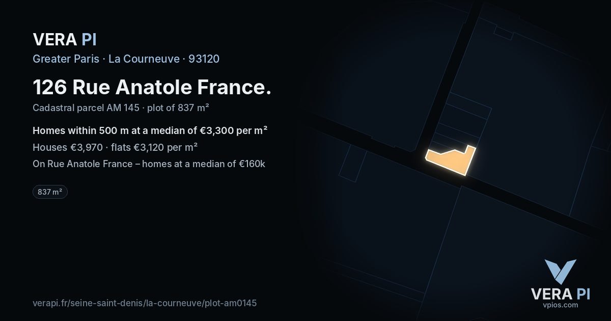 126 Rue Anatole France, La Courneuve at night – the plot lit, the parcels around coloured by the prices near them