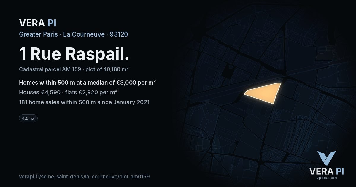 1 Rue Raspail, La Courneuve at night – the plot lit, the parcels around coloured by the prices near them