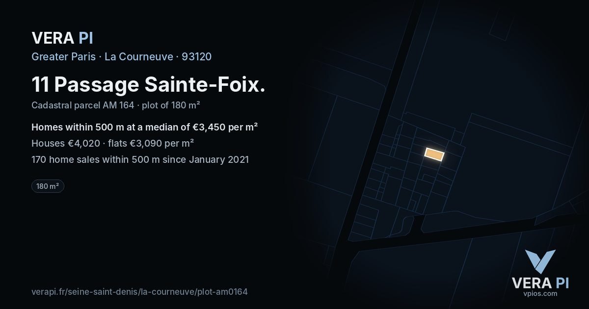 11 Passage Sainte-Foix, La Courneuve at night – the plot lit, the parcels around coloured by the prices near them