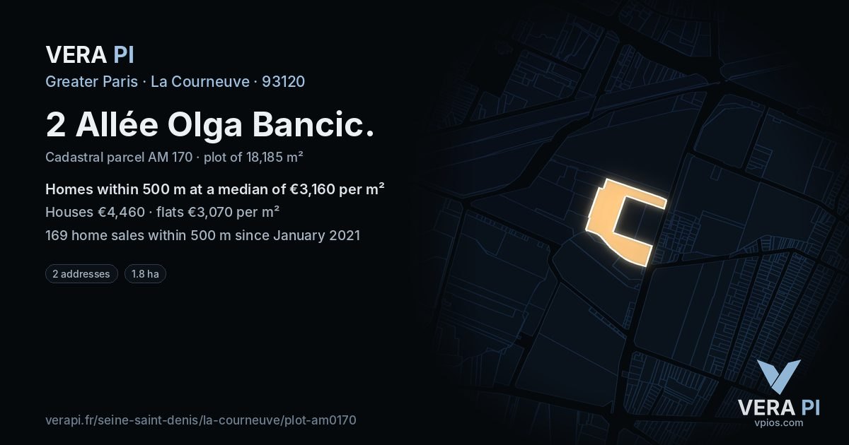 2 Allée Olga Bancic, La Courneuve at night – the plot lit, the parcels around coloured by the prices near them