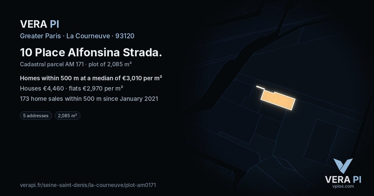 10 Place Alfonsina Strada, La Courneuve at night – the plot lit, the parcels around coloured by the prices near them