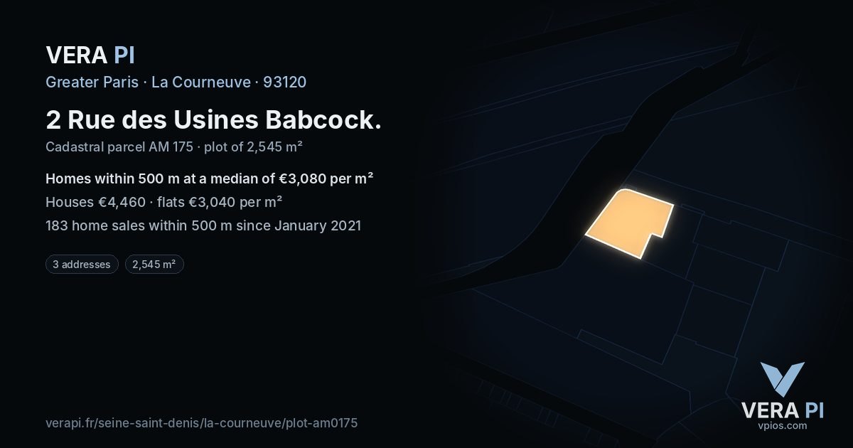 2 Rue des Usines Babcock, La Courneuve at night – the plot lit, the parcels around coloured by the prices near them