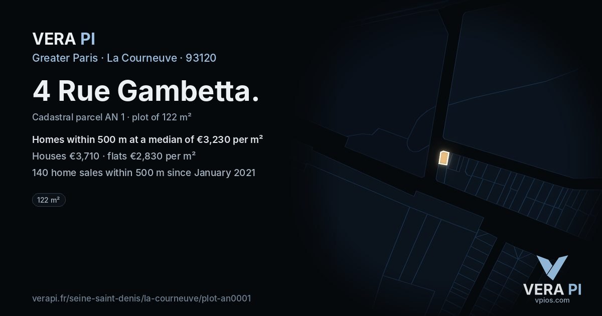 4 Rue Gambetta, La Courneuve at night – the plot lit, the parcels around coloured by the prices near them