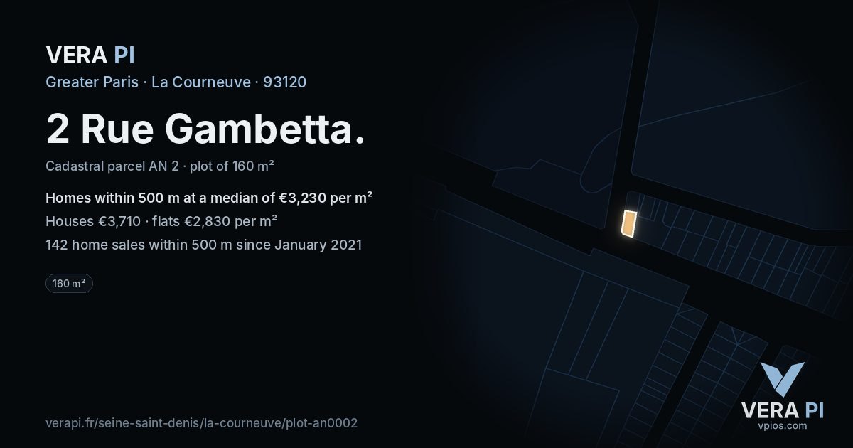 2 Rue Gambetta, La Courneuve at night – the plot lit, the parcels around coloured by the prices near them