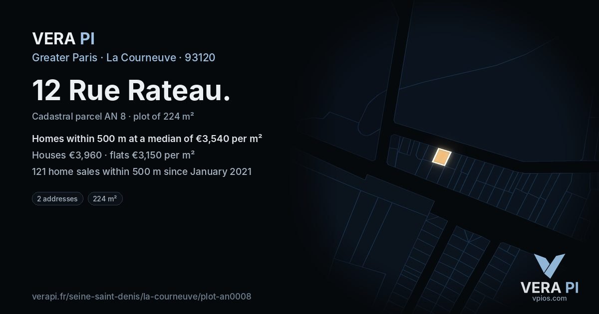12 Rue Rateau, La Courneuve at night – the plot lit, the parcels around coloured by the prices near them