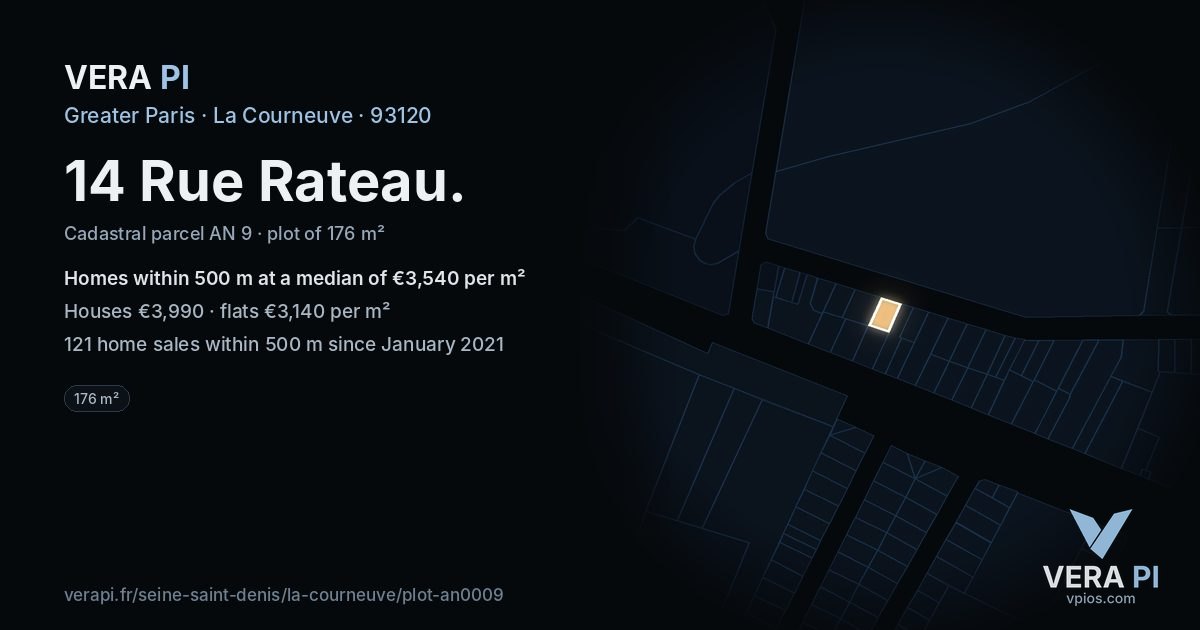 14 Rue Rateau, La Courneuve at night – the plot lit, the parcels around coloured by the prices near them