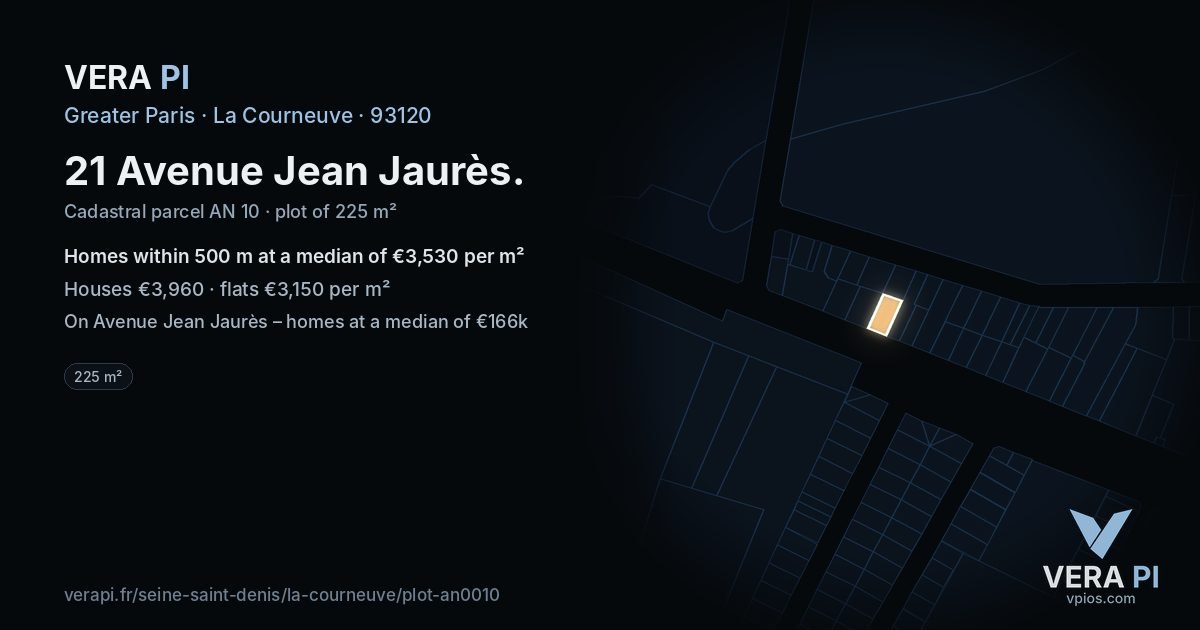 21 Avenue Jean Jaurès, La Courneuve at night – the plot lit, the parcels around coloured by the prices near them
