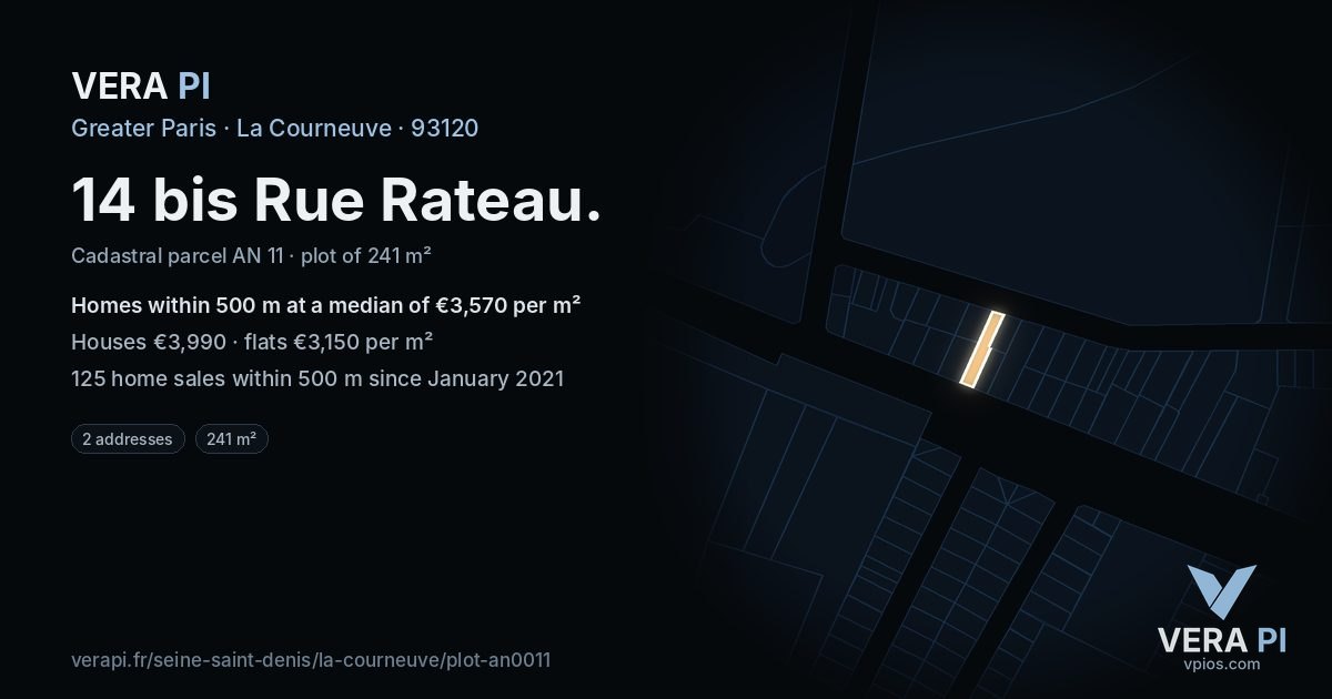 14 bis Rue Rateau, La Courneuve at night – the plot lit, the parcels around coloured by the prices near them