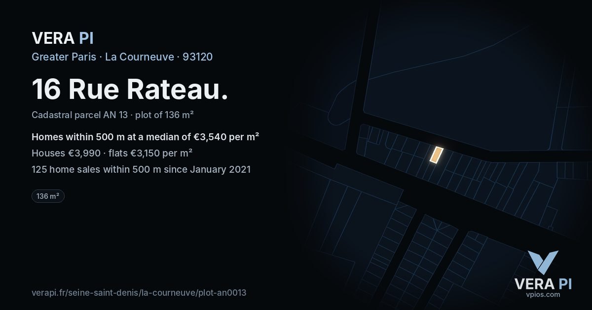 16 Rue Rateau, La Courneuve at night – the plot lit, the parcels around coloured by the prices near them