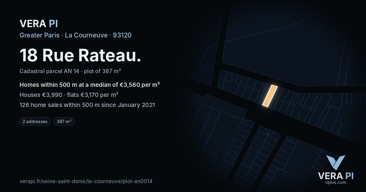 18 Rue Rateau, La Courneuve at night – the plot lit, the parcels around coloured by the prices near them