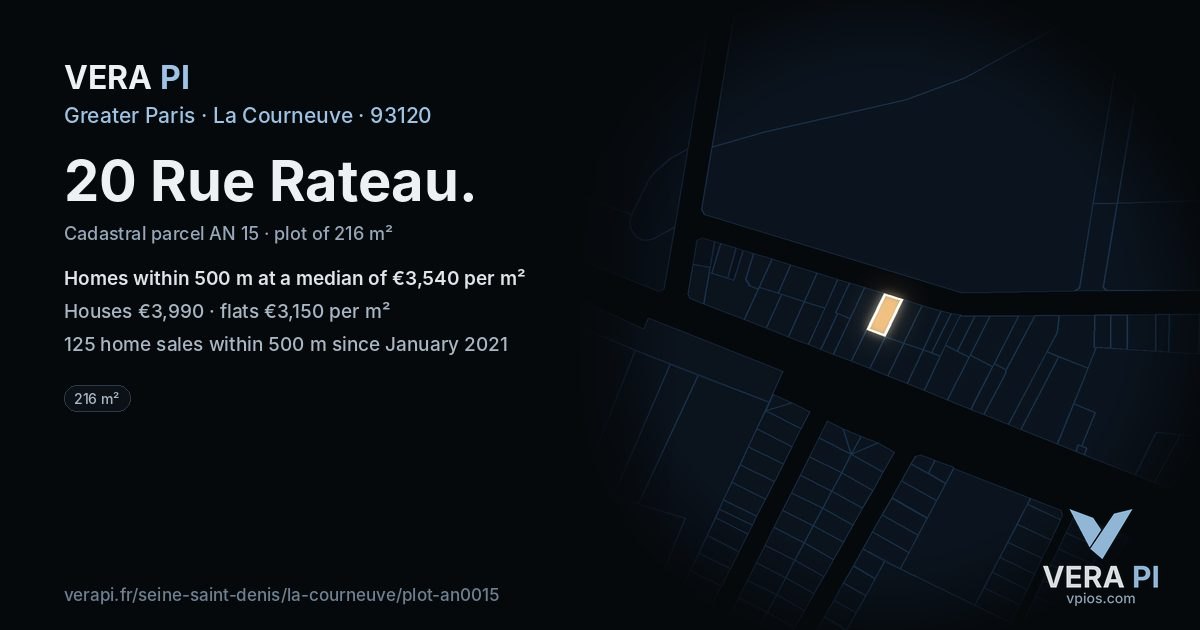 20 Rue Rateau, La Courneuve at night – the plot lit, the parcels around coloured by the prices near them