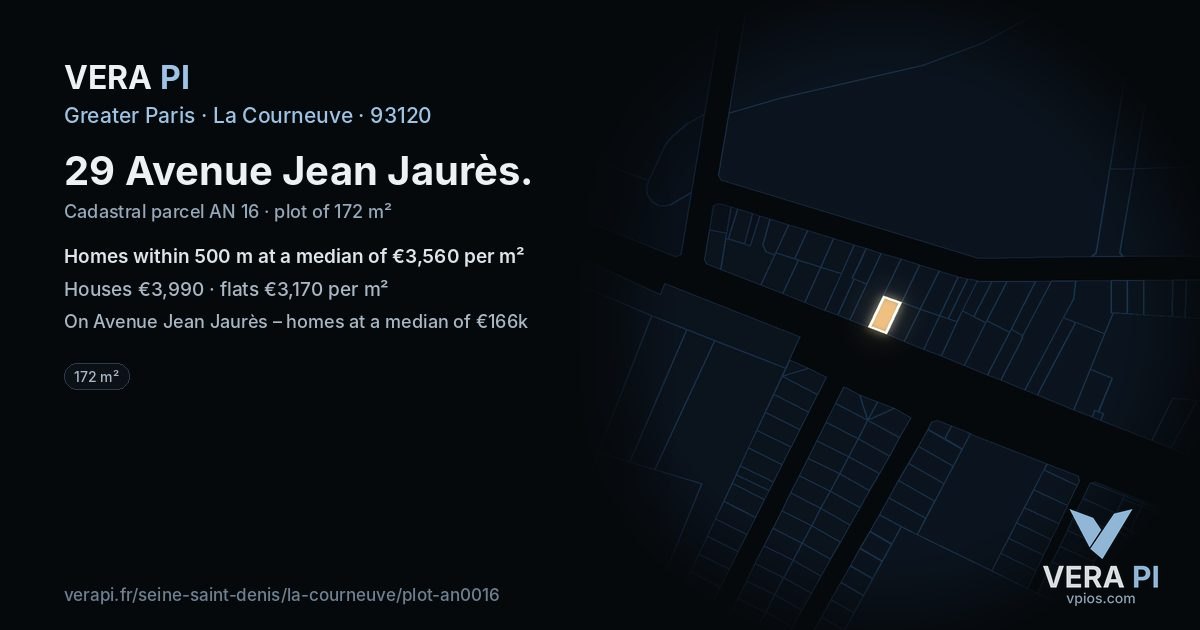 29 Avenue Jean Jaurès, La Courneuve at night – the plot lit, the parcels around coloured by the prices near them