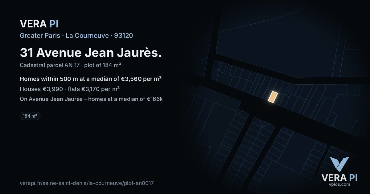31 Avenue Jean Jaurès, La Courneuve at night – the plot lit, the parcels around coloured by the prices near them