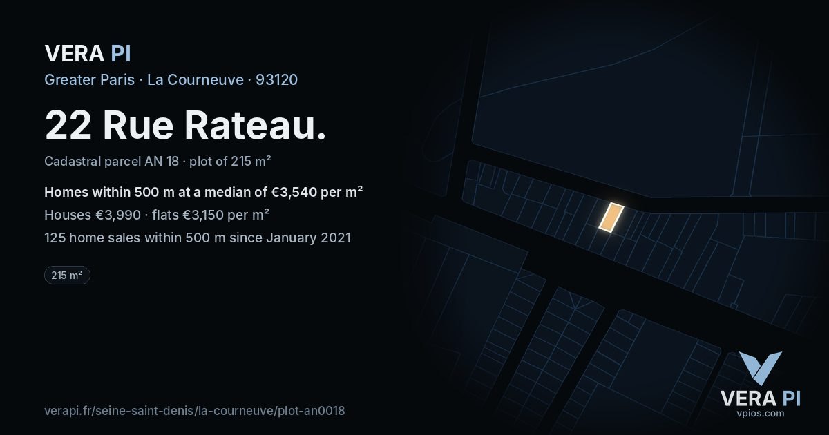 22 Rue Rateau, La Courneuve at night – the plot lit, the parcels around coloured by the prices near them