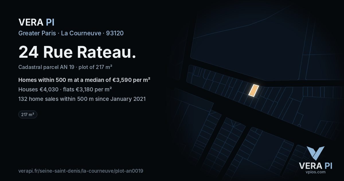 24 Rue Rateau, La Courneuve at night – the plot lit, the parcels around coloured by the prices near them